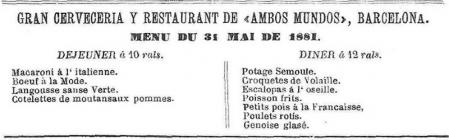 Menú del restaurante Ambos Mundos, en 1881.