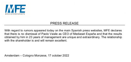 Comunicado de MFE-MediaforEurope desmintiendo la salida de Vasile de Mediaset