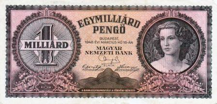 Anverso de un billete de mil millones de pengos durante el periodo inflacionario en Hungría, 1946.