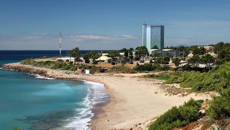 La central Vandellòs I cesó su actividad en 1989 tras un grave accidente y ahora está semidesmantelada; en el centro de la imagen el edificio principal de contención  .