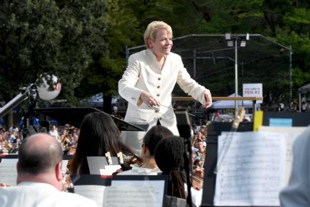 NEW YORK, NEW YORK - AUGUST 21: Marin Alsop and New York Philharmonic perform onstage during We Love NYC: The Homecoming Concert Produced by NYC, Clive Davis, and Live Nation on August 21, 2021 in New York City. (Photo by Kevin Mazur/Getty Images for Live Nation)