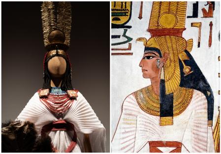 Detalle del vestido recreado por Caprile de la reina Nefertari y uno de los retratos de su tumba