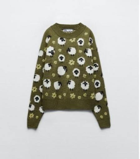 Jersey de cuello redondo y manga larga verde con estampado de ovejas