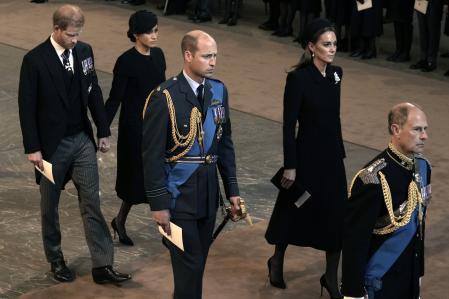Britain´s Prince Harry , Meghan Markle Duchess of Sussex, Prince William and Kate Middleton , Princess of Wales during transfer of Queen Elizabeth II's remains from BuckinghamPalace to WestminsterHall, London on September 14, 2022.