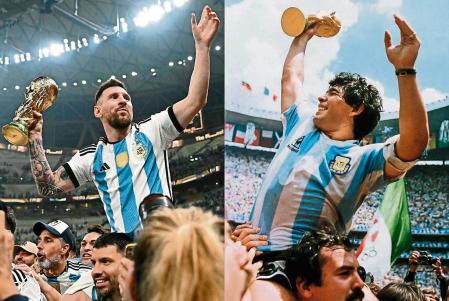 (COMBO) This combination of pictures created on December 18, 2022 shows Argentina's forward Lionel Messi (L) holding the World Cup trophy after beating France during the Qatar 2022 World Cup final football match at Lusail Stadium in Lusail, north of Doha on December 18, 2022 and Argentina's captain Diego Armando Maradona (R) holding the World Cup trophy won by his team after a 3-2 victory over West Germany on June 29, 1986 at the Azteca Stadium in Mexico City. (Photo by Anne-Christine POUJOULAT / AFP)