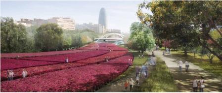 Parque del Camí Comtal con el  puente de Bac de Roda al fondo