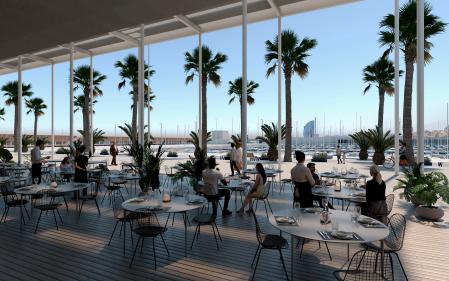 Imatge renderitzada de la nova àrea de restauració del Port Olímpic de Barcelona, que es preveu que estigui acabada el 2024.