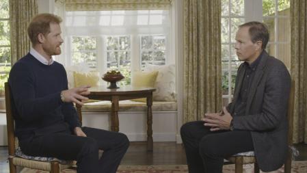 This undated screengrab issued by ITV on Friday Jan. 6, 2023 shows Britain's Prince Harry, left, speaking during an interview with ITV's Tom Bradby for the programme Harry: The Interview. (Harry: The Interview on ITV1 and ITVX at 9pm on January 8/PA via AP)