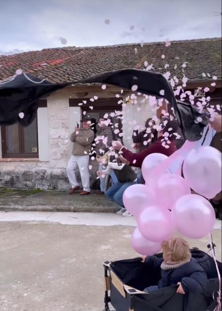Explosión de Confeti rosa para anunciar el sexo del bebé de María pombo