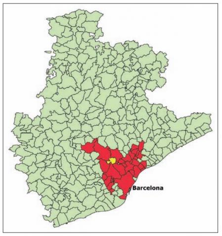 Municipios (en rojo) de las comarcas de Barcelona en los que se ha detectado la presencia de la garrapata  ' H.lusitanicum'  .