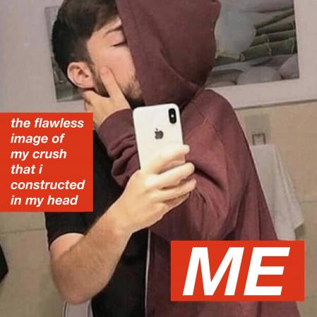 Narcisimo extremo en If you need me... (2019), de Marijke De Roover, un meme con el
la artista representa el amor y la atracción en un tono humorístico: buscar la pareja perfecta puede acabar siendo uno mismo