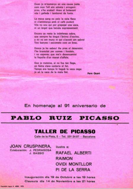 Catálogo de presentación de la exposición de homenaje a Picasso por sus 91 años en la sala Taller de Picasso, donde se incluyó el poema en catalán de la 'Vaca suïssa'.