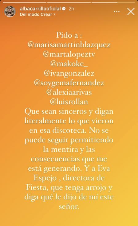 Alba Carrillo se dirige a sus compañeros y a la dirección de 'Fiesta'