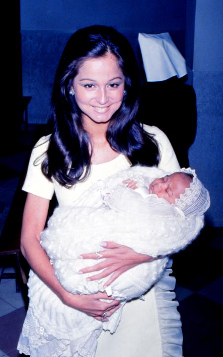 Isabel Preysler, wife of Julio Iglesias, in the baptism of Julio Jose, her second children, 22nd October1973, Madrid, Spain. (Photo by Gianni Ferrari/Cover/Getty Images)