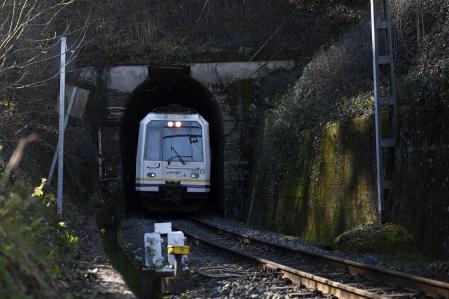 Un tren de cercanías llega a la estación de la localidad cántabra de Virgen de la Peña