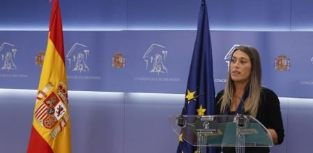 La diputada de JuntsxCat Miríam Nogueras, durante la rueda de prensa ofrecida antes de participar en la reunión de la Mesa del Congreso, este martes en Madrid. (J.J. Guillén / EFE)
