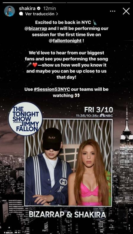 Shakira publica en sus historias que asistirá al show de Jimmy Fallon