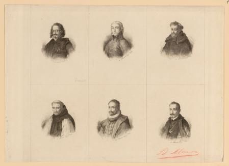 Seis inmortales: Quevedo, Moratín, fray Luis de León, fray José de Sigüenza, Cervantes y Lope de Vega