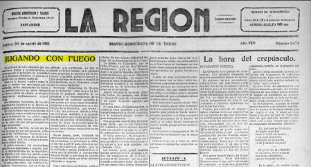 'La Región' alerta sobre la posible influencia de la Iglesia en el desencadenamiento de un conflicto militar. 20 de agosto de 1931.