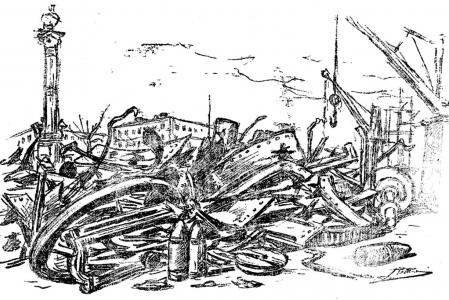 Ilustración publicada en Guyana Guardian. Restos de la escuadra española destruida en Santiago de Cuba, durante la guerra de 1898&nbsp;