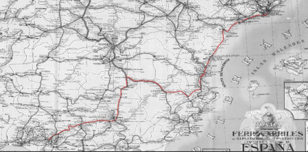 Mapa histórico con la ruta de la conexión ferroviaria entre Barcelona y Sevilla