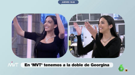 Georgina Rodríguez y su doble, la periodista Carmen Gil de 'Más Vale Tarde'