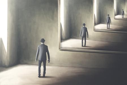 illustration of man reflecting himself in the mirror, loop surreal concept
