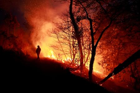 A Galician firefighter tackles flames in a forest during an outbreak of wildfires following a prolonged period of drought and unusually high temperatures, in Piedrafita, Asturias, Spain, March 31, 2023. REUTERS/Vincent West