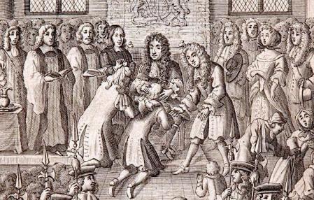 Carlos II de Inglaterra ejecutando el toque real. Grabado de Robert White, 1684.