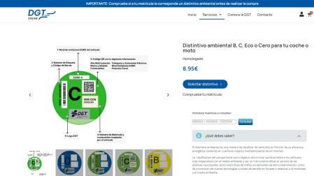 Aspecto de la página dgt-online.com, que vende etiquetas medioambientales de la DGT sin autorización
