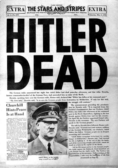 Portada del 2 de mayo de 1945 del diario militar estadounidense 'The Stars and Stripes', con la noticia de la muerte de Hitler.