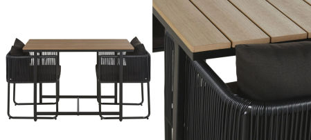 SWANN - Mesa de jardín con 2 sillones L108 en composite imitación teca y resina negra