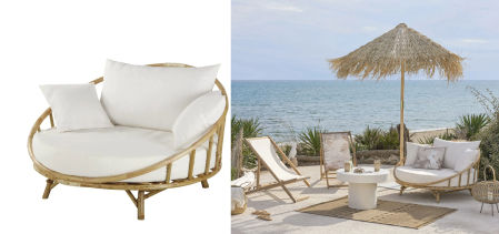 CARIBE -  Tumbona redonda doble de ratán con cojines color crudo