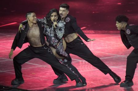 Chanel from Spain singing SloMo performs during the Grand Final of the Eurovision Song Contest at Palaolimpico arena, in Turin, Italy, Saturday, May 14, 2022. (AP Photo/Luca Bruno)