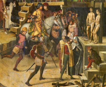 Detalle de ‘Auto de Fe presidido por Santo Domingo de Guzmán’, de Pedro Berruguete, c. 1495. A la izqda. de la imagen, un cuadrillero de la Santa Hermandad