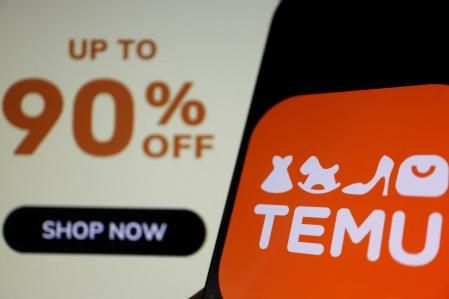 The logo of Temu, an e-commerce platform owned by PDD Holdings, is seen on a mobile phone displayed in front of its website, in this illustration picture taken April 26, 2023. REUTERS/Florence Lo/Illustration