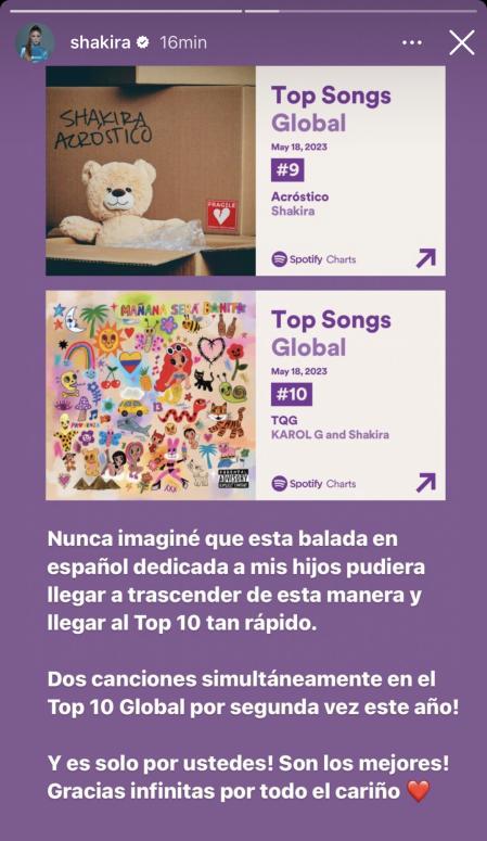 Shakira da las gracias por el éxito de su balada dedicada a sus hijos