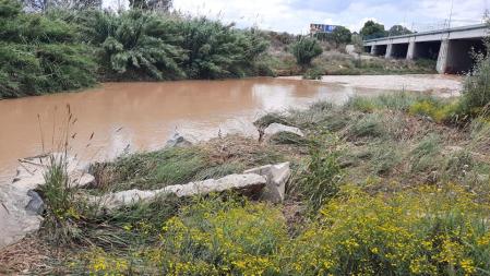 El Llobregat de color chocolate tras las lluvias a su paso por Sant Boi.