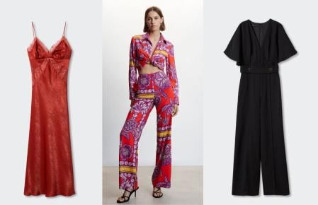 Vestido lencero (35,99 euros), Pantalón estampado (27,99 euros) y mono negro básico (29,99 euros)