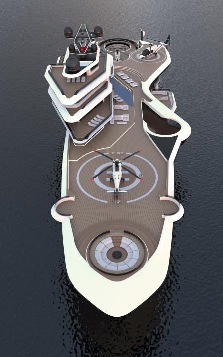 En el yate no falta de nada, piscina, spa, portaaviones, incluso una chimenea en una de las proas