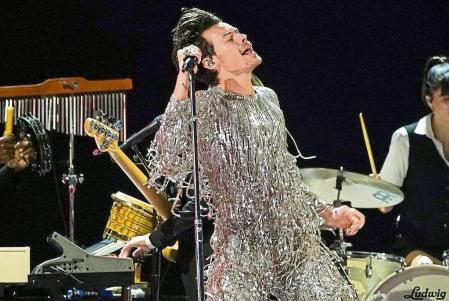 FILE - Harry Styles performs at the 65th annual Grammy Awards in Los Angeles on Feb. 5, 2023. The singer was hit in the eye by a projectile during a concert in November of 2022. (AP Photo/Chris Pizzello, File)