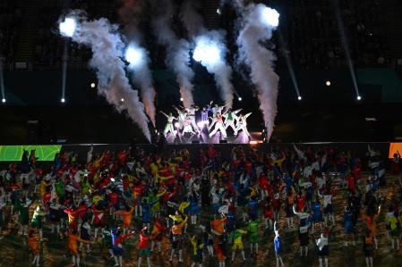 Participants take part in the opening ceremony of the Australia and New Zealand 2023 Women's World Cup ahead of the Group A football match between New Zealand and Norway at Eden Park in Auckland on July 20, 2023. (Photo by Saeed KHAN / AFP)
