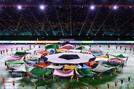 The official logo of the Australia and New Zealand 2023 Women's World Cup is displayed during the opening ceremony of the tournament ahead of the Group A football match between New Zealand and Norway at Eden Park in Auckland on July 20, 2023. (Photo by Saeed KHAN / AFP)