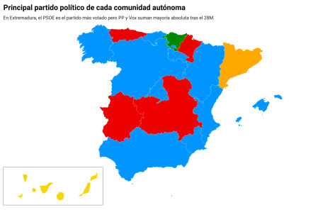 Principal partido de cada comunidad autónoma en el Gobierno actual o tras las elecciones autonómicas del 28M aunque todavía deba formar gobierno.