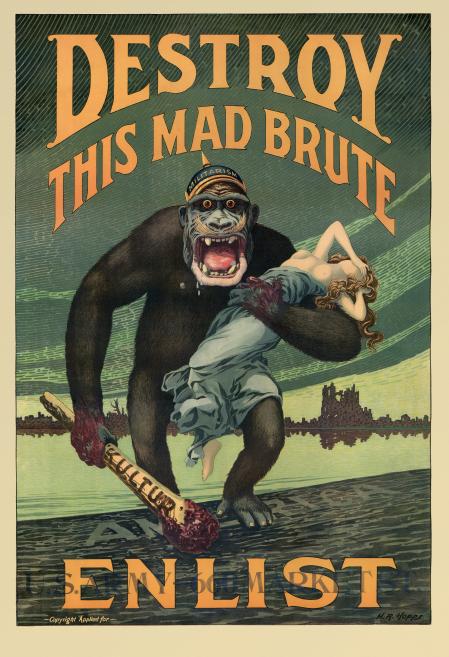 Póster de propaganda estadounidense de 1917 contra los alemanes en la Primera Guerra Mundial que muestra a un gorila con Pickelhaube.