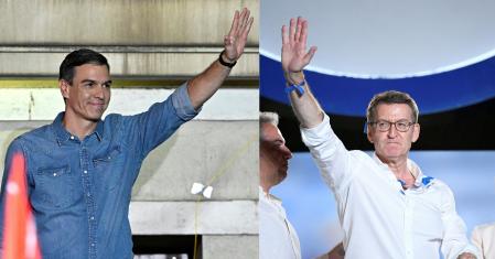 (COMBO) This combination of pictures created on July 24, 2023 shows Spanish Prime Minister and Socialist Party (PSOE) candidate for re-election Pedro Sanchez (R) and leader and candidate of conservative Partido Popular (People's Party) Alberto Nunez Feijoo waving at their headquarters in Madrid after Spain's general election on July 23, 2023. The Spanish right is only just slightly ahead of the socialists of Prime Minister Pedro Sanchez, who maintains a chance to stay in power through the game of alliances, following Spain's general election. (Photo by JAVIER SORIANO and OSCAR DEL POZO / AFP)