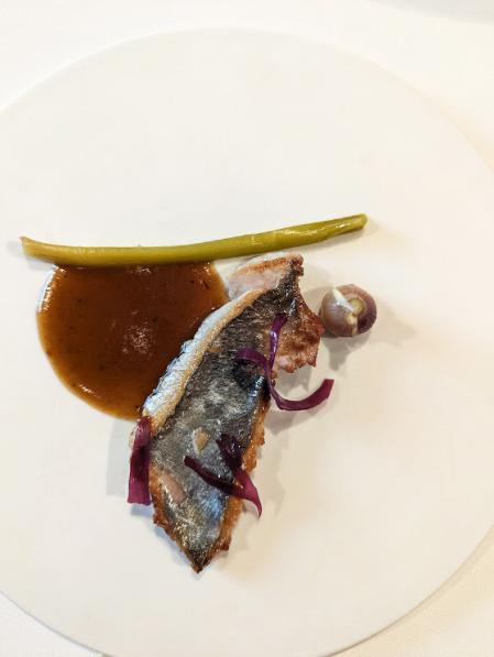 Ventresca de bonito, jugo de pitu, ajo tierno, algas