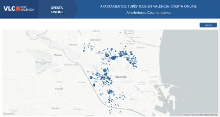 Mapa de oferta online de apartamentos turísticos en los alrededores de València