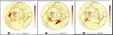 Recreación gráfica de tres de los episodios de fuegos forestales y extensión de humo en el hemisferio norte este verano  .