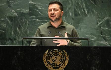 Ukrainian President Volodymyr Zelensky addresses the 78th United Nations General Assembly at UN headquarters in New York City on September 19, 2023. (Photo by TIMOTHY A. CLARY / AFP)